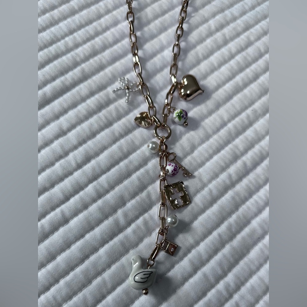 Urban Outfitters Katherine Lariat Charm Necklace Gold Tone with Pearl Accents - Picture 12 of 12